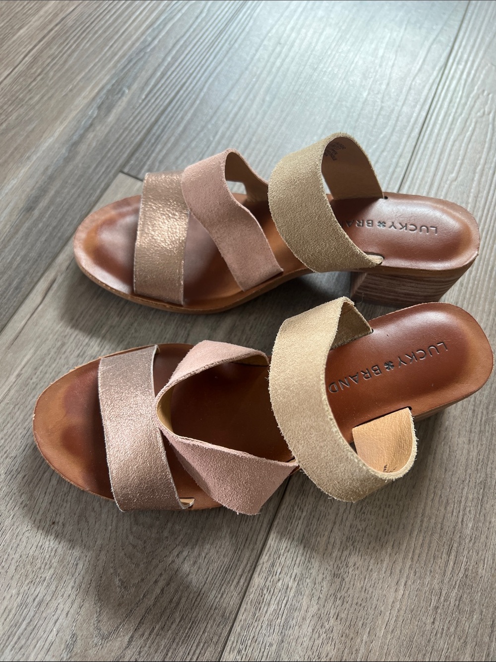 Lucky Brand Rose Gold and Tan Multi-Strap Slide Sandals